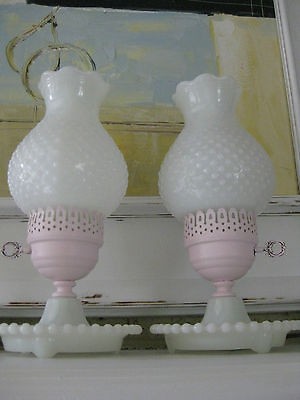 Pair Hobnob Hobnail Milk Glass Hurricane Table Lamp Cottage Shabby 