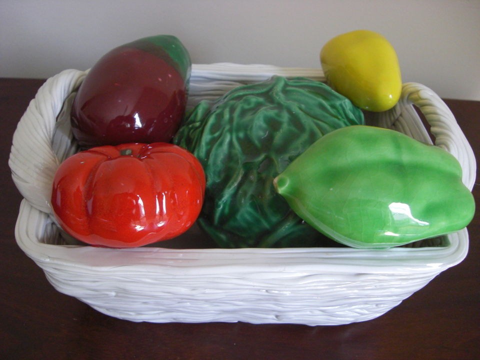 Majolica White Woven Ceramic Basket Of Vegtables Bassano Italy