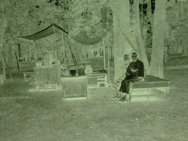  Japanese glass negative street stand sell tea snack tarp woods tree 