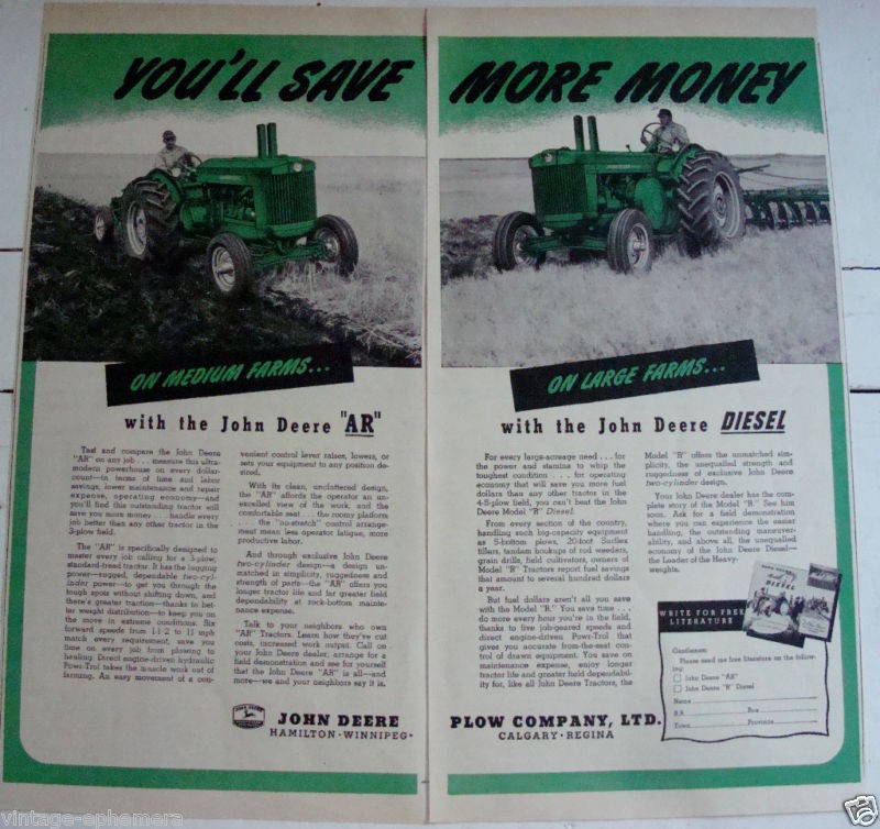 1952 JOHN DEERE AR 3 PLOW TRACTOR 2 CYLINDER CANADA AD