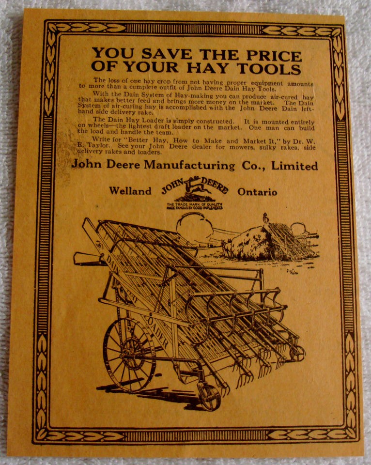 1925 JOHN DEERE CANADA AD WELLAND ONTARIO DAIN HAY LOADER TOOLS FARM