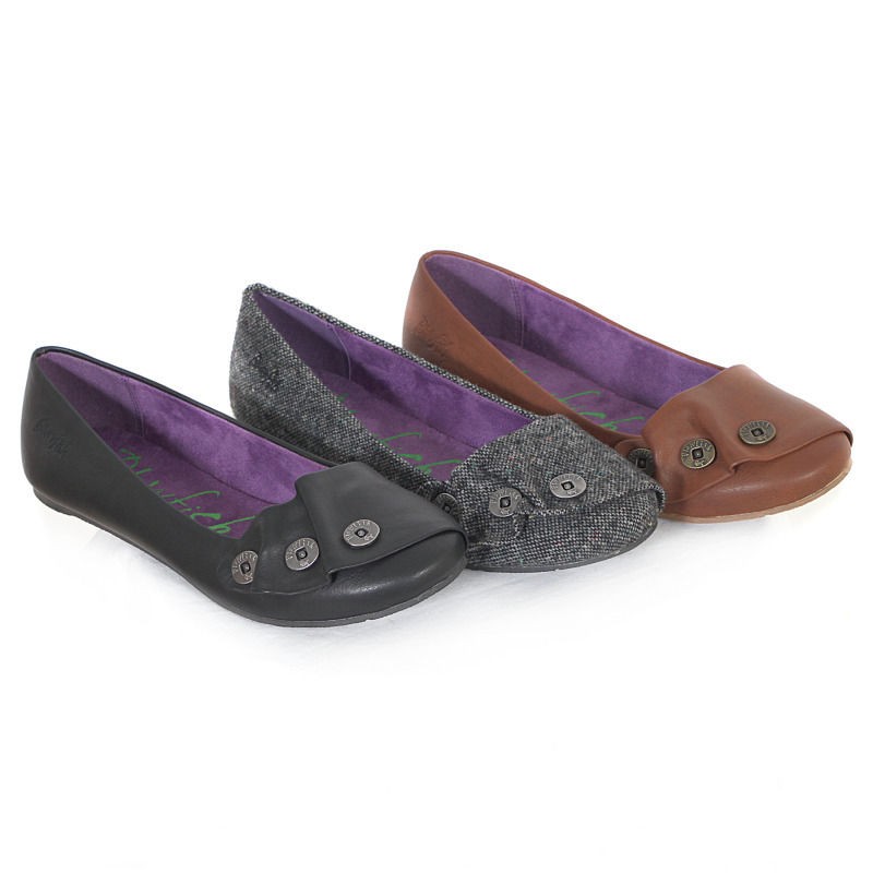 BLOWFISH WOMENS PEPPERMINT AUSTIN BLACK / COGNAC / TWEED BUTTON FLATS