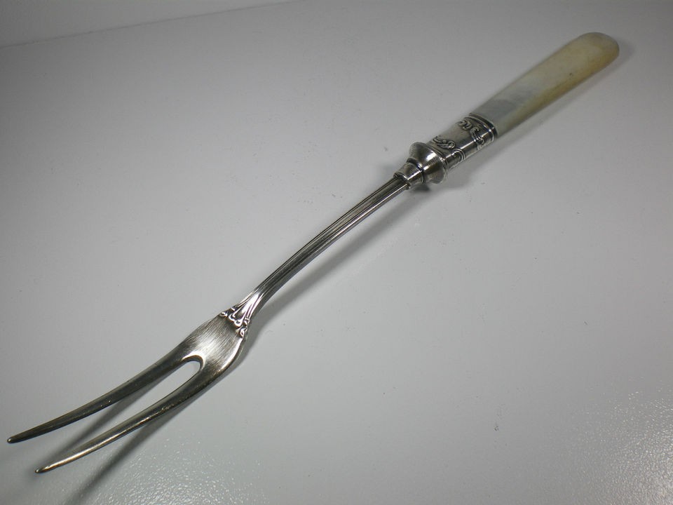 Antique sterling ferrule Mother of Pearl handle PICKLE SERVING FORK 7 