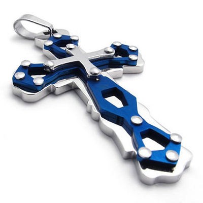 Heavy Large Blue Silver Stainless Steel Cross Pendant Mens Necklace 
