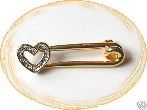 PIERRE CARDIN GOLD PLATE CRYSTAL HEART NAPPY BROOCH PIN FREE UK POST