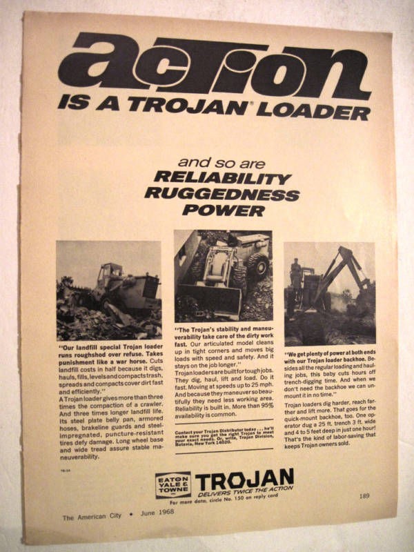 TROJAN LOADER BACKHOE Eaton Yale & Towne 1968 PRINT AD