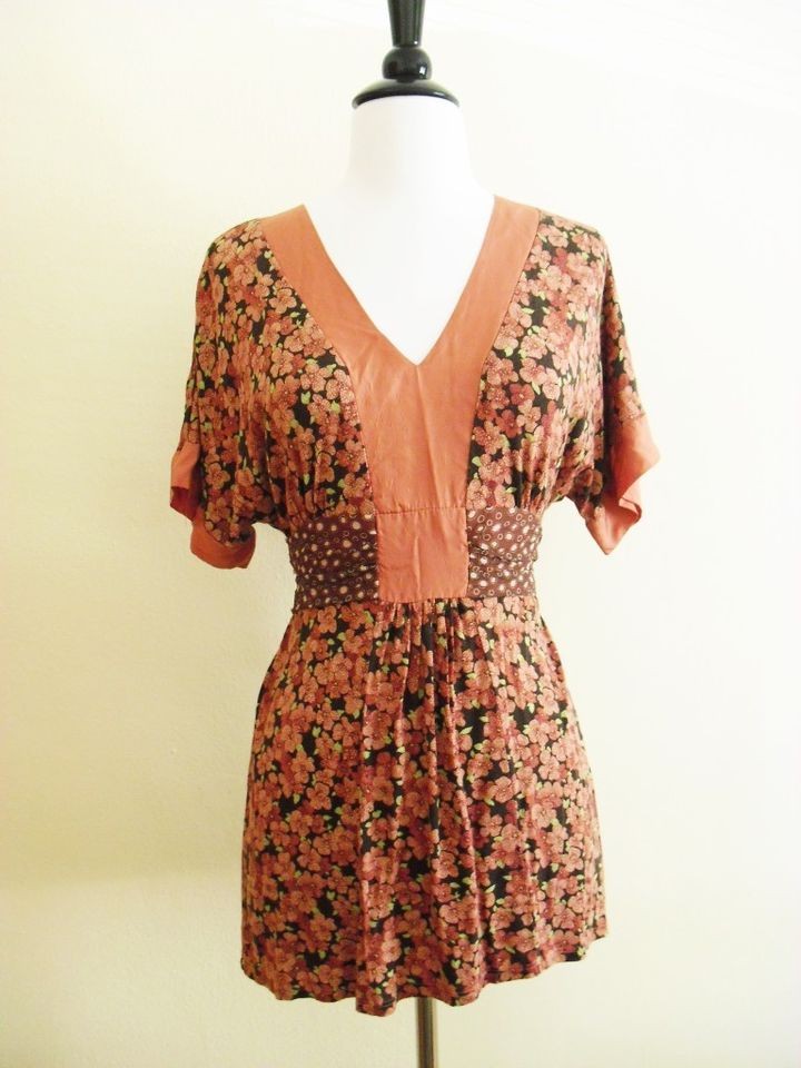 Left of Center Anthropologie Floral Tie Back Top S Orange Peach Floral 