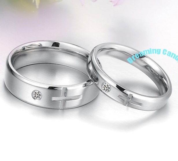 Made in Korea CROSS Engraved w/GEM Couple Lovers Rings fine Stainless 