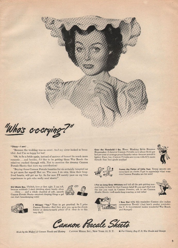 1945 VINTAGE CANNON PERCALE SHEETS FOR BEDS WHOS CRYING PRINT AD