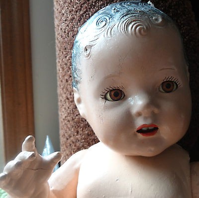 Composition BABY DOLL w/ CELLULOID TEETH Moving Painted Eyes 