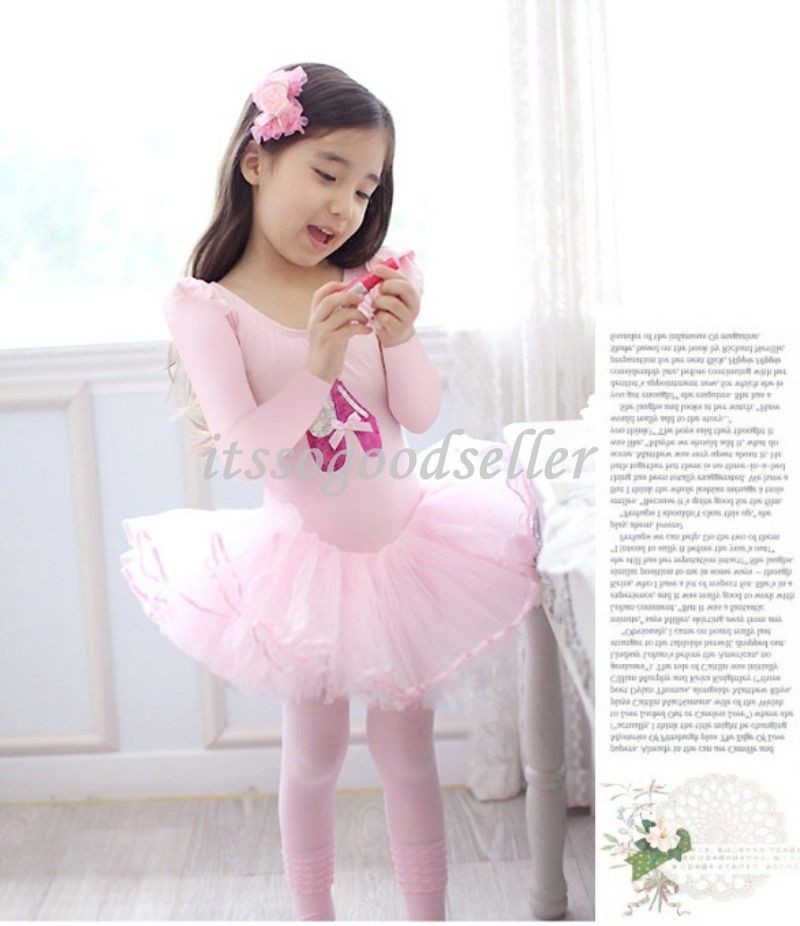 Girl Party Long Sleeve Leotard Ballet Tutu Dance Shoes Costume Dress 3 