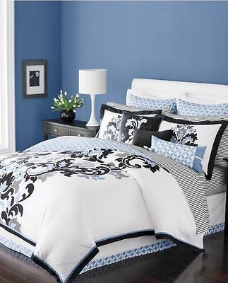 Martha Stewart Damask Flourish King 4 Piece Duvet Cover Set white blue 