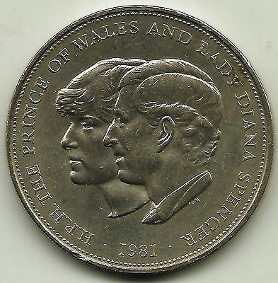 1981 CHARLES and DIANA WEDDING CROWN Commemorative Coin has bag marks.