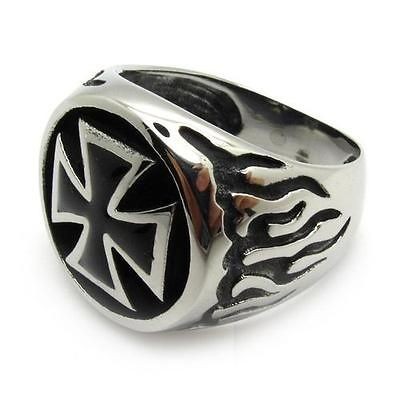 Mens Inlay Cross Cool Fire Flame Silver Finger Ring Poker Stainless 