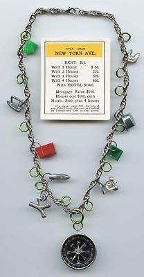 VINTAGE MONOPOLY PIECES & COMPASS STEAMPUNK NECKLACE