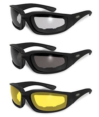 MOTORCYCLE RIDING GLASSES 3 PAIR DAY AND NIGHT PADDED SUNGLASSES CLEAR 