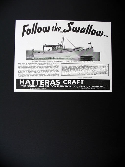 Hatteras Craft 40 ft Cruiser Motor Yacht boat 1947 print Ad 