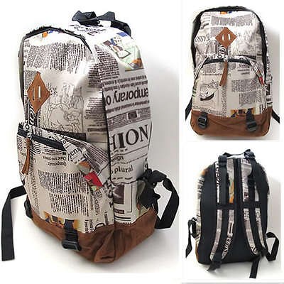 Fashion Men Girls Unisex Newspaper Print Canvas Backpack School Bag 