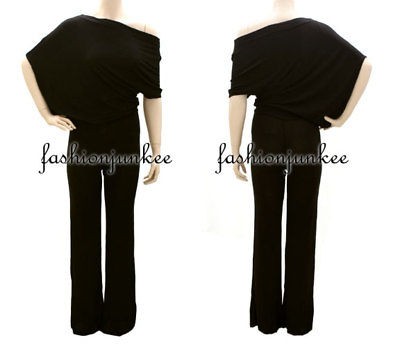 BLACK Off the Shoulder JUMPSUIT Wide Leg Gaucho Pants Long Jersey New 