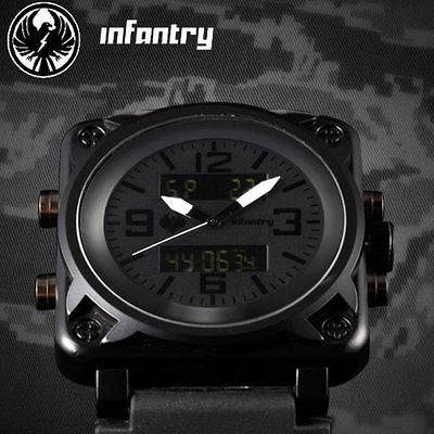 INFANTRY DIGITAL ANALOG ARMY SPORTS BLACK 18.5 23CM RUBBER MENS WRIST 