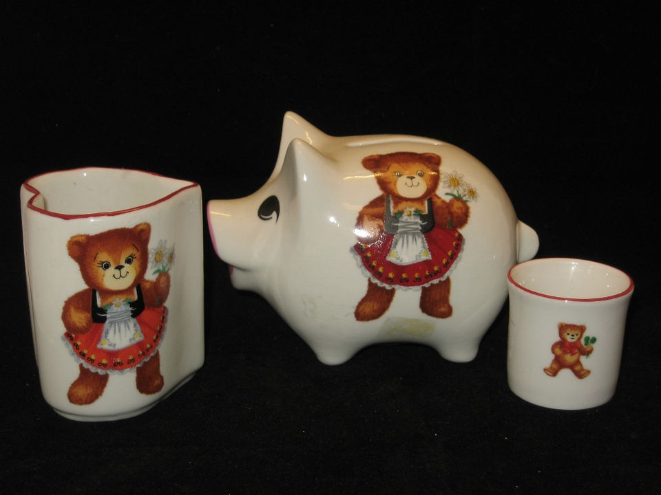 VTG 3 W GERMANY GIRL/BOY BEAR BANK/VASE,PENCIL HOLDER/TINY CUP REUTTER 