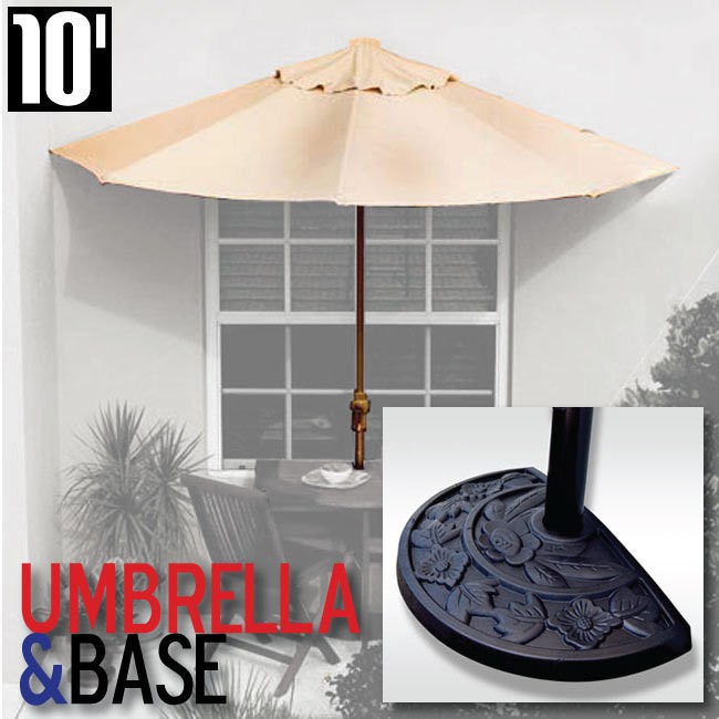   Beige Outdoor Patio Half Umbrella Wall Balcony Sun Shade & Base NEW