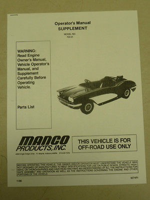   CORVETTE 703 01 GO KART SUPPLEMENT OPERATOR PARTS LIST MANUAL CART