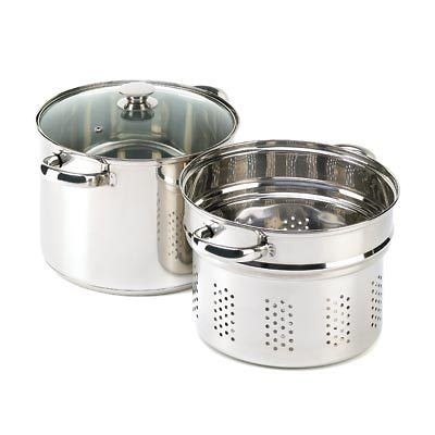 PASTA COOKER POT SET STAINLESS STEEL GLASS LID STRAINER NV14737