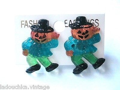 UNIQUE 1980s HALLOWEEN PIERCED EARRINGS   DANCING PUMPKINS   BOLD 