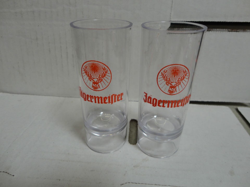 Lot of 2 Jagermeister Plastic Shot Glasses, 3 3/4 Tall (New/Old Stock 