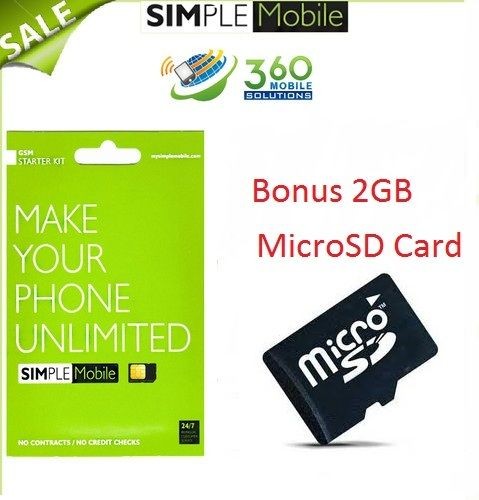 FREE 2GB Memory Card NEW Simple Mobile Sim Card GSM Prepaid No 