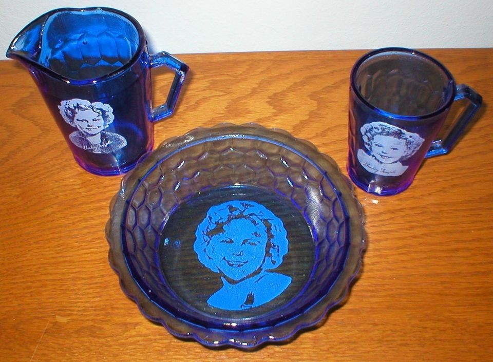Shirley Temple Cobalt Glass   Bowl, Pitcher and Cup   Breakfest Set