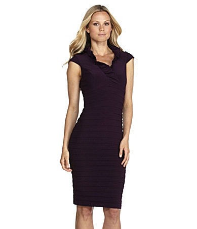 Xscape Plum Pleated Jersey Ruffle Neck Sheath Cocktail Career Dress 12 