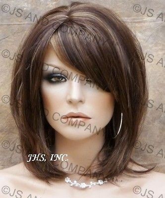   straight layered Chesnut Brown mix Salon Cut wig with Full Bangs