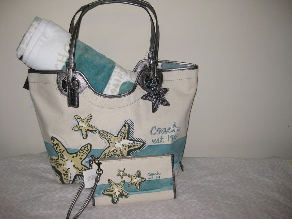   STARFISH MOTIF 4 Pc Set TOTE +WALLET CLUTCH +TOWEL +SCARF Lot $635