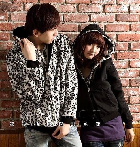 Men Women Unisex AB Double Sided Wear Zipper Leopard Hoodie Outwear 