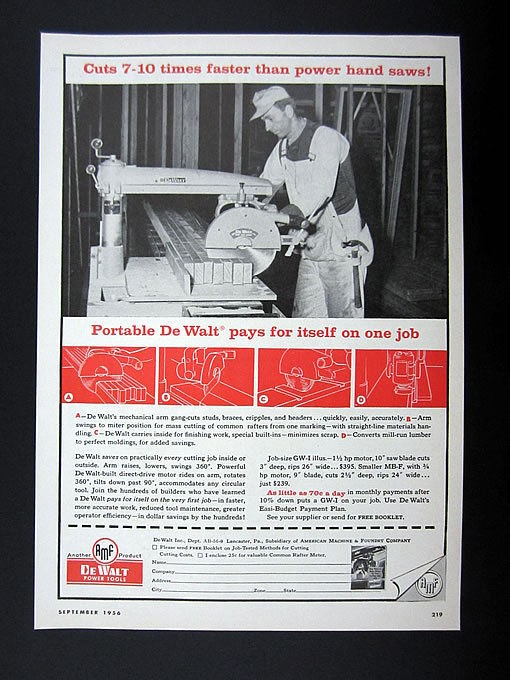 AMF DeWalt Tools Radial Arm Saw Carpenter Gang Cutting 1956 Ad 