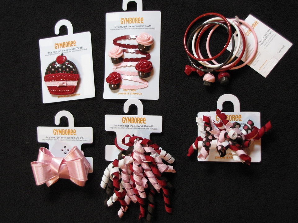   Sweet Treats Hair Snap Clips Bows Curly Bracelets Cupcake Pink Red