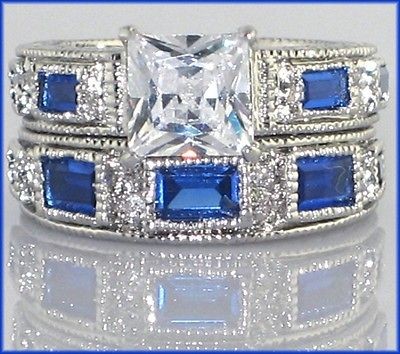   White Gold EP lab Blue Sapphire & CZ Bridal Wedding Ring Set   SIZE 7