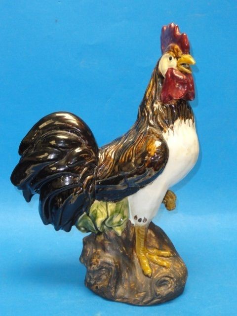 VINTAGE LARGE POLYCHROMED CERAMIC ROOSTER STATUE FIGURINE ~ 17