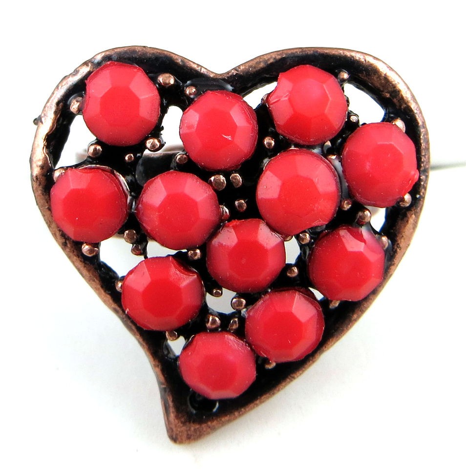 Heart Bohemian Vintage Style Antiqued Cocktail Rings w/ Rhinestones 