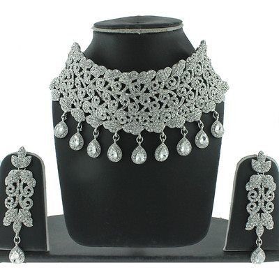 RHODIUM PLATED KUNDAN JEWELRY PARTY WEAR BRIDAL FASHIONNECKLAC​E 