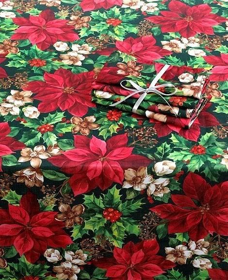   Poinsettia Winter Garden Red Green Print Tablecloth Xmas Holiday New