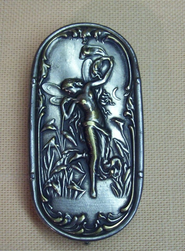   NOUVEAU FAIRY + HORSE RACING MATCH SAFE~NICKEL PLATED BRASS~RARE~EUC