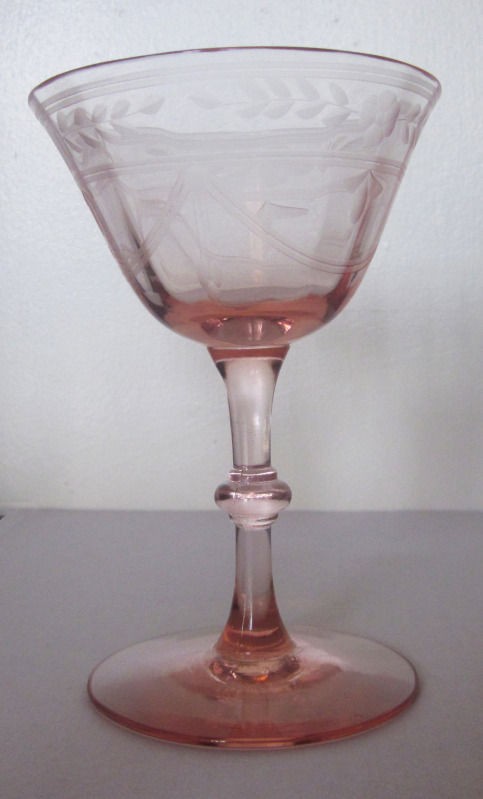 Lot of 2 Vintage Pink Etched Water Wine Cocktail Stemware Glasses