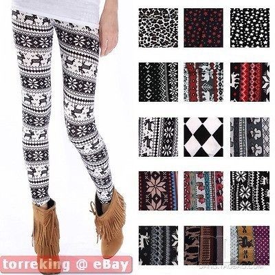 Womens Multi Style Nordic Snow Flake Reindeer Knitted Xmas Leggings 