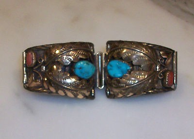   GOLD (ALMOST COPPER COLOR) ETCHED WATCH BAND TIPS w/ TURQUOISE & CORAL