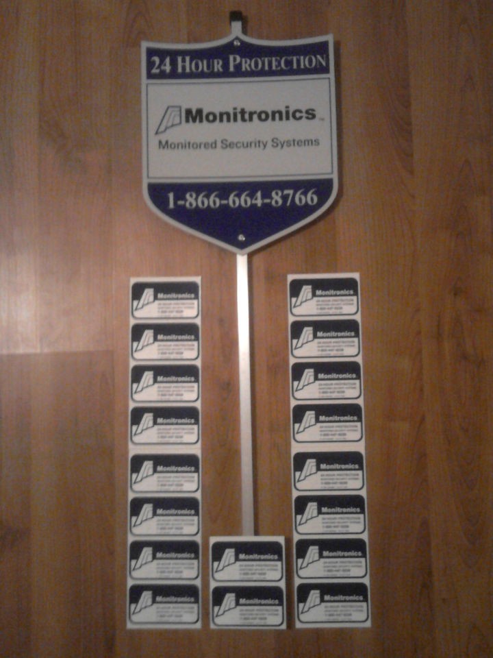   MONITRONICS SECURITY ALARM SYSTEM YARD SIGN & 18 WINDOW STICKERS