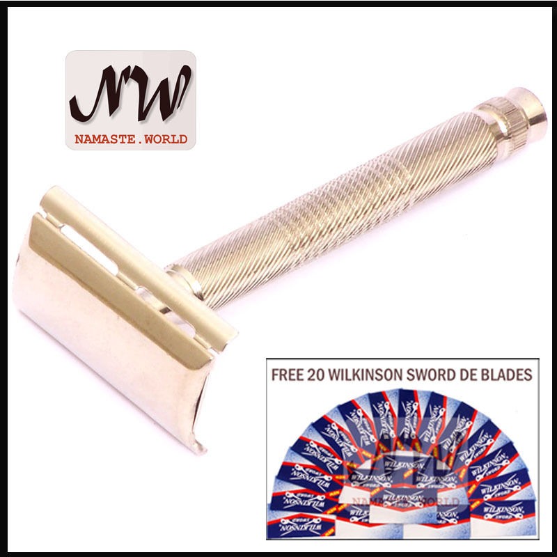   Shaving Safety Razor Metallic SR + 20 Wilkinson Sword DE Blades Free