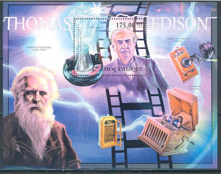 MOZAMBIQUE THOMAS ALVA EDISON CAR PHONOGRAPH LIGHTBULB SOUVENIR SHEET